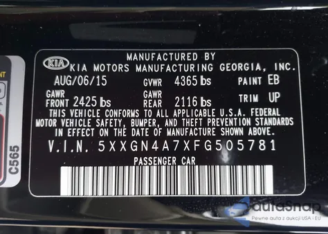 2015 Kia Optima Ex z USA, uszkodzony, nr VIN 5XXGN4A7XFG505781